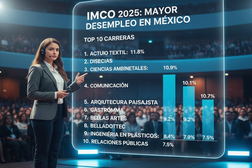 Joven presentando el ranking IMCO 2025 mostrando las 10 carreras con mayor desempleo en México, incluyendo porcentajes de desocupación.