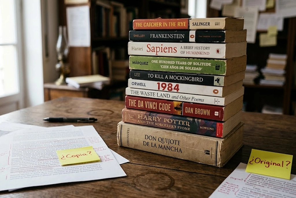Colección de diez libros famosos acusados de plagio apilados sobre una mesa de madera con notas adhesivas amarillas señalando similitudes textuales