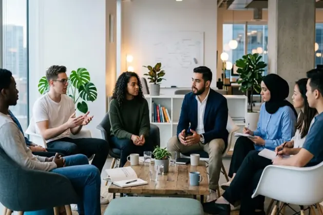 Jóvenes profesionales en reunión de trabajo aplicando preguntas para un líder que fomenta la escucha activa y la colaboración horizontal.