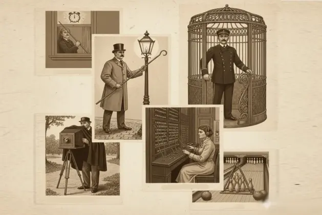 Ilustración vintage color sepia que muestra collage de seis profesiones que ya no existen: un despertador con caña golpeando ventana, un encendedor de faroles con pértiga, un ascensorista con uniforme antiguo, un fotógrafo lame-lambe en un parque, un operador telefónico con panel de clavijas y un arrumador de pinos en una bolera antigua. Estilo retro con tonos cálidos.