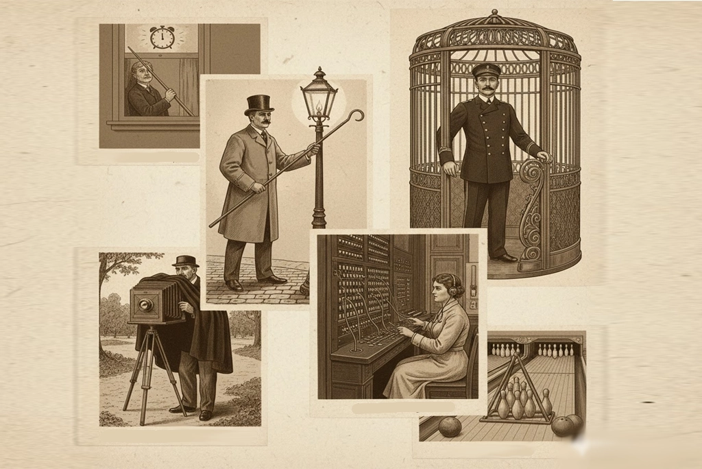 Ilustración vintage color sepia que muestra collage de seis profesiones que ya no existen: un despertador con caña golpeando ventana, un encendedor de faroles con pértiga, un ascensorista con uniforme antiguo, un fotógrafo lame-lambe en un parque, un operador telefónico con panel de clavijas y un arrumador de pinos en una bolera antigua. Estilo retro con tonos cálidos.