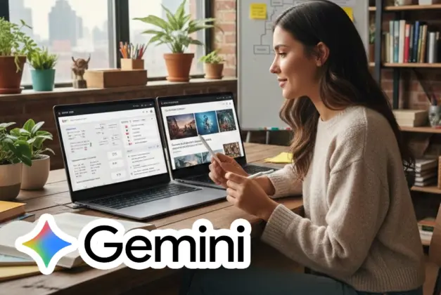Joven utilizando las diversas funciones de Google Gemini en una laptop para estudiar, trabajar en proyectos y crear contenido visual, mostrando la versatilidad de esta IA.
