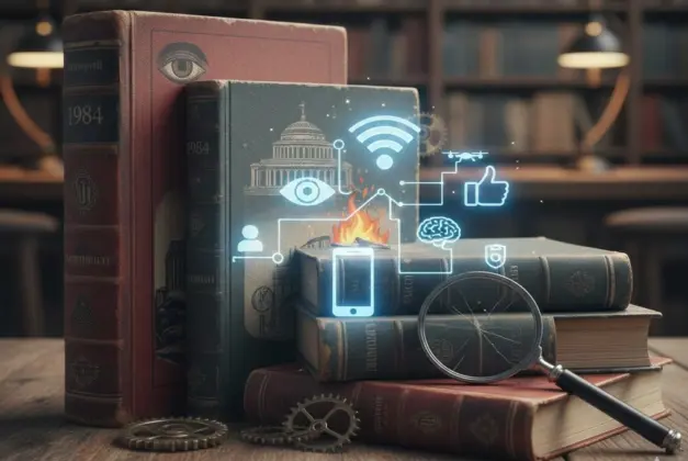 Montaje de portadas de libros distópicos como '1984' y 'Fahrenheit 451' superpuestas con iconos tecnológicos modernos, representando el concepto de libros que predijeron el futuro.