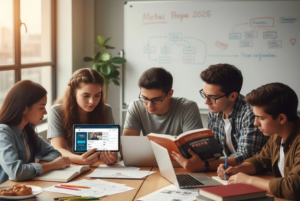 Jóvenes estudiantes preparándose con tablets y libros para elegir los mejores cursos examen de admisión prepa en línea y presenciales.