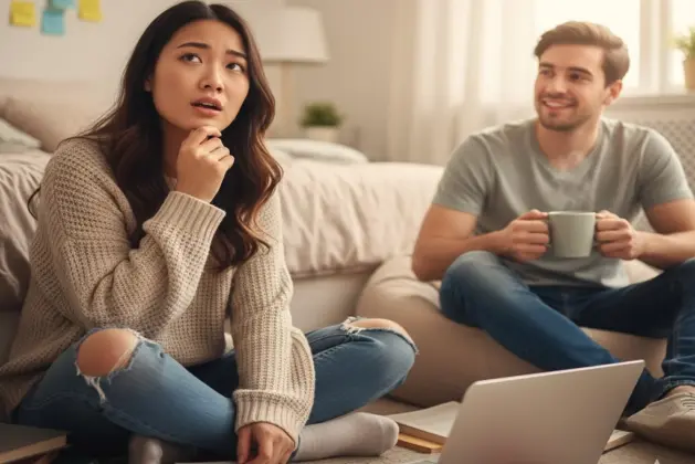 joven estudiante dudando sobre qué palabra decir sentada en una habitación, conversando con otra persona