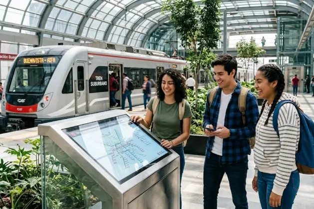 Grupo de jóvenes tomando selfies en la estación del tren suburbano, con el letrero “AIFA” al fondo y un mapa de rutas y lugares para visitar pegado en la pared.
