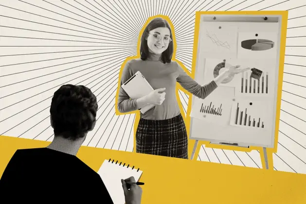 Mujer explicando gráficos en una presentación, ideal para quienes buscan iniciar proyecto.
