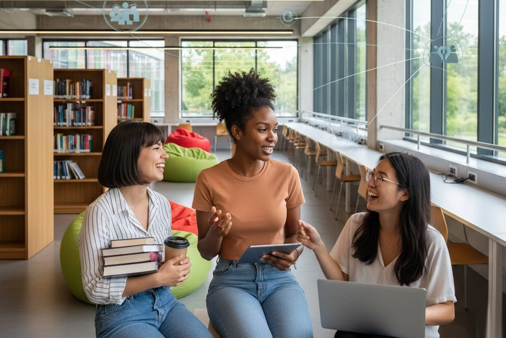 Mujeres jóvenes universitarias conversando animadamente en una biblioteca moderna, ilustrando el impacto del nivel de estudios en la creación de redes de apoyo y oportunidades profesionales.