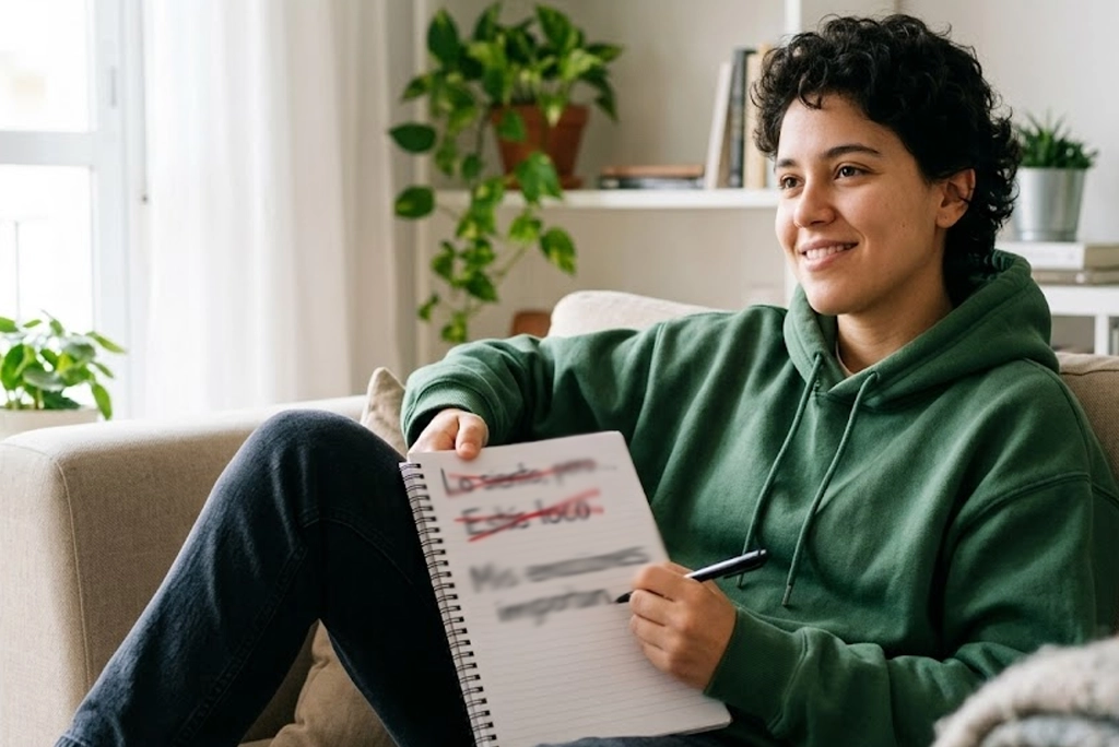 Joven con auriculares y expresión de duda mirando una hoja de papel donde están escritas varias frases de manipulación emocional tachadas con líneas rojas, junto a una frase con check verde