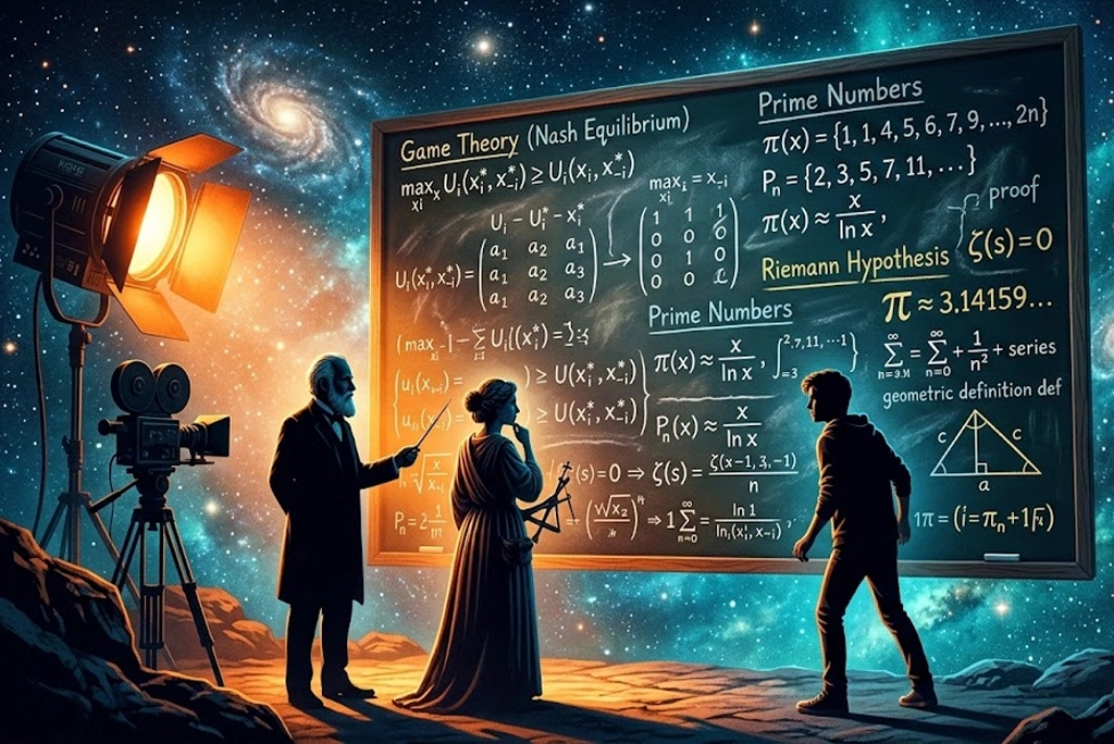 Ilustración de de películas de matemáticas que muestra un pizarrón con ecuaciones, figuras geométricas y siluetas de personajes icónicos del cine como John Nash o Alan Turing.