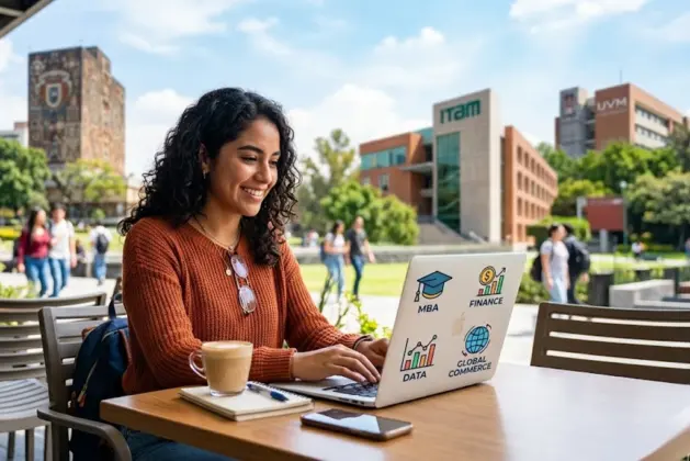 Joven profesional revisando opciones de posgrados negocios en una laptop, con gráficos de crecimiento y universidades de fondo.