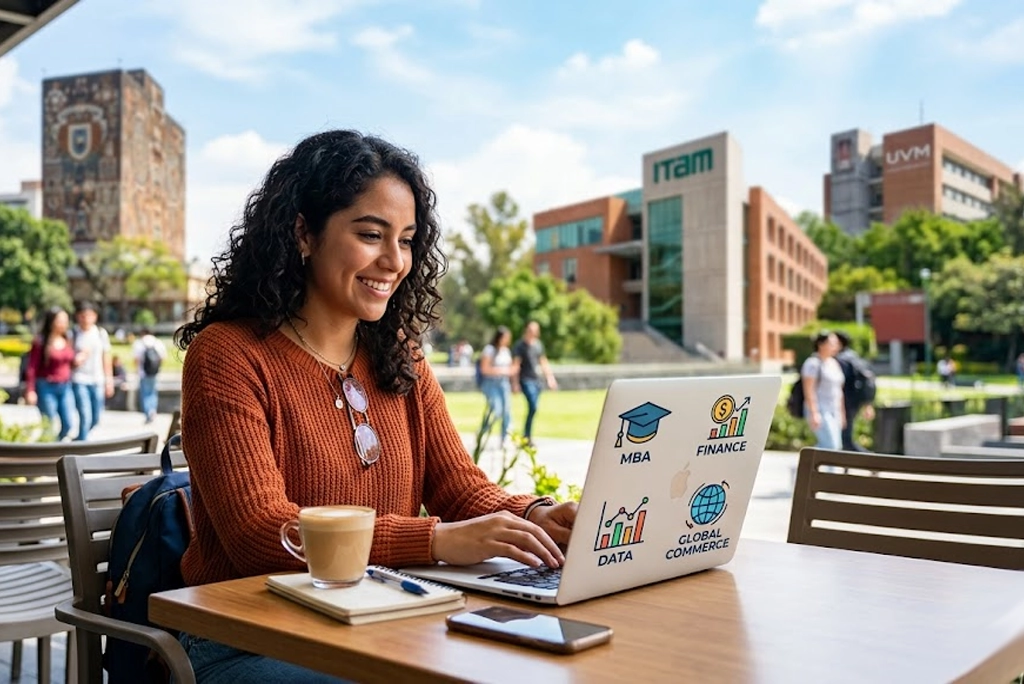 Joven profesional revisando opciones de posgrados negocios en una laptop, con gráficos de crecimiento y universidades de fondo.
