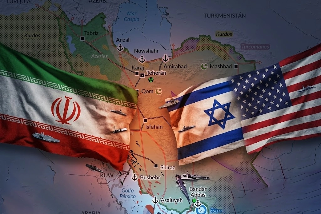 Mapa de Medio Oriente con foco en Irán, estrecho de Ormuz y países vecinos, representando el conflicto Irán y la tensión militar en la región. con las banderas de Irán vs. Israel y Estados Unidos al frente