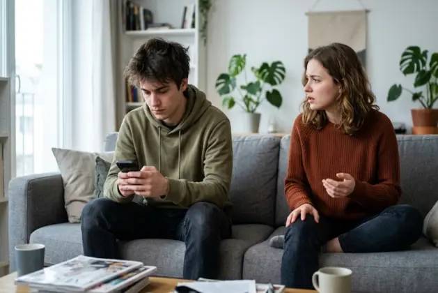 Pareja joven en una sala mostrando distancia corporal y falta de comunicación, representación visual de red flags pareja inmadura y señales de alerta en relaciones juveniles.