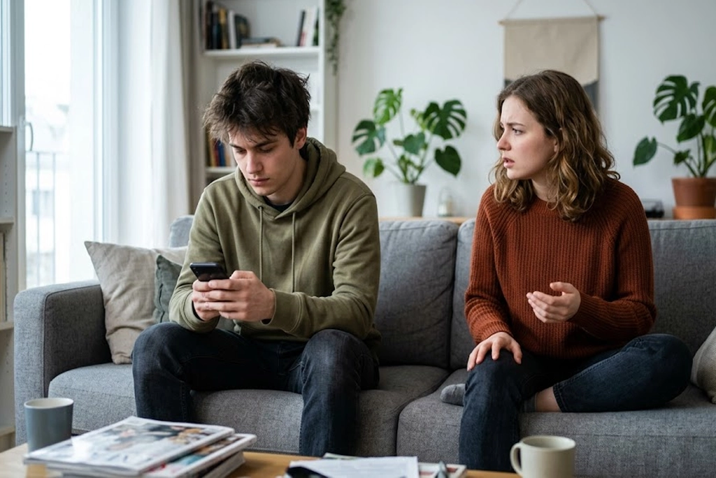 Pareja joven en una sala mostrando distancia corporal y falta de comunicación, representación visual de red flags pareja inmadura y señales de alerta en relaciones juveniles.