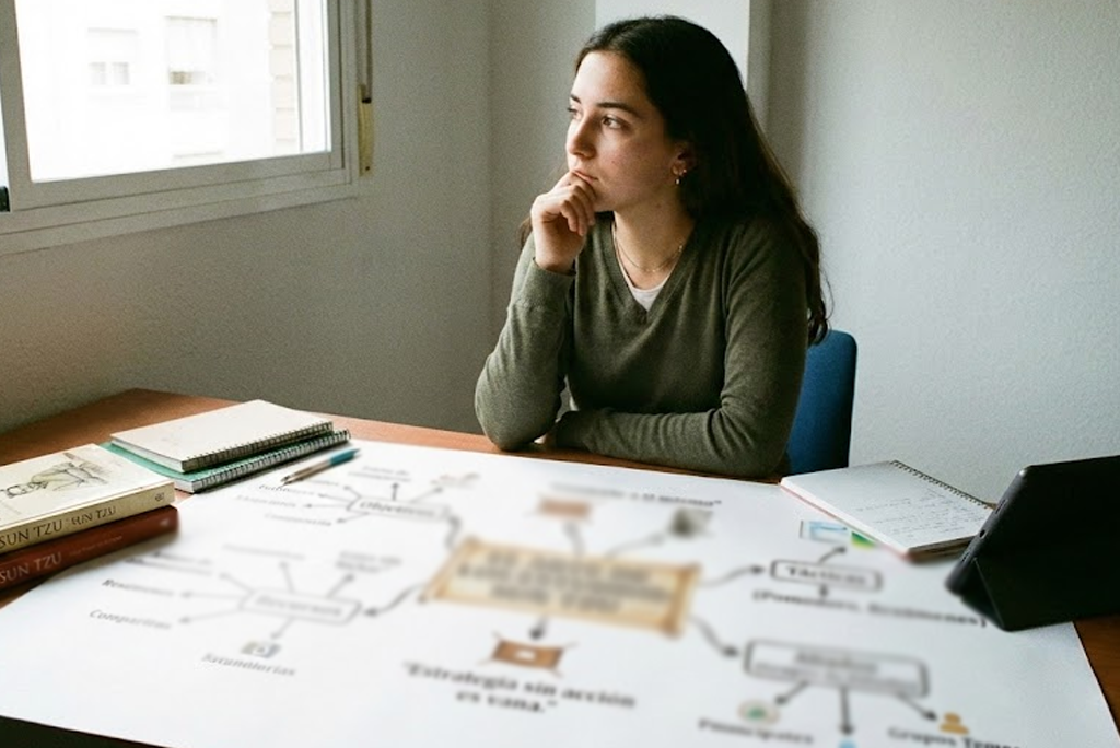 joven con pensamiento estratégico para estudiantes: una persona planificando sus estudios con un mapa mental, inspirado en las reglas de Sun Tzu.