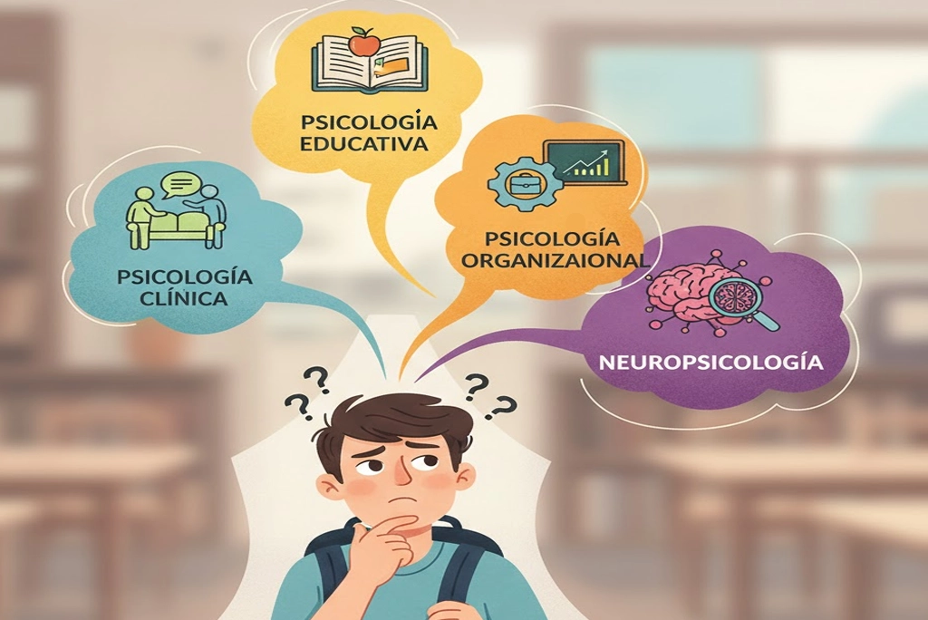 Ilustracion con joven estudiante tratando de decidir sobre las principales ramas de la psicología, incluyendo clínica, educativa, organizacional y neuropsicología, con iconos representativos.