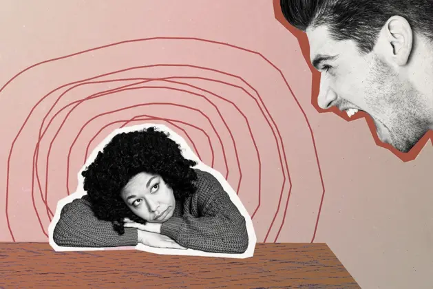 Ilustración representando una situación de violencia en el noviazgo, con una persona siendo intimidada verbalmente por su pareja.