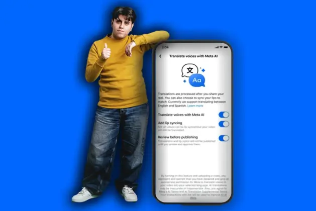 Imagen con joven y un teléfono cuya pantalla muestra la nueva función de Meta con el traductor en tiempo real con IA