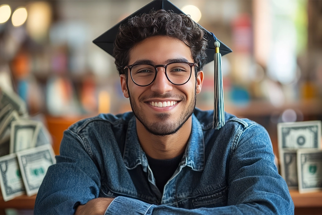 Joven universitario con birrete en un salón de clases con dinero, buscando ganar una de las becas de excelencia