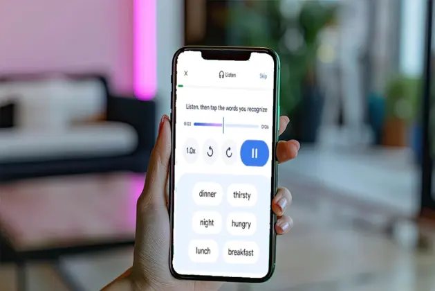 Hombre joven usando una aplicación de clases de idiomas en Google Translate en su smartphone para aprender español en un entorno cotidiano
