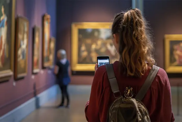 Joven disfrutando de una exposición de arte durante la Noche de Museos en la CDMX, ilustrando cómo funcionan las noches de museo de forma divertida y cultural