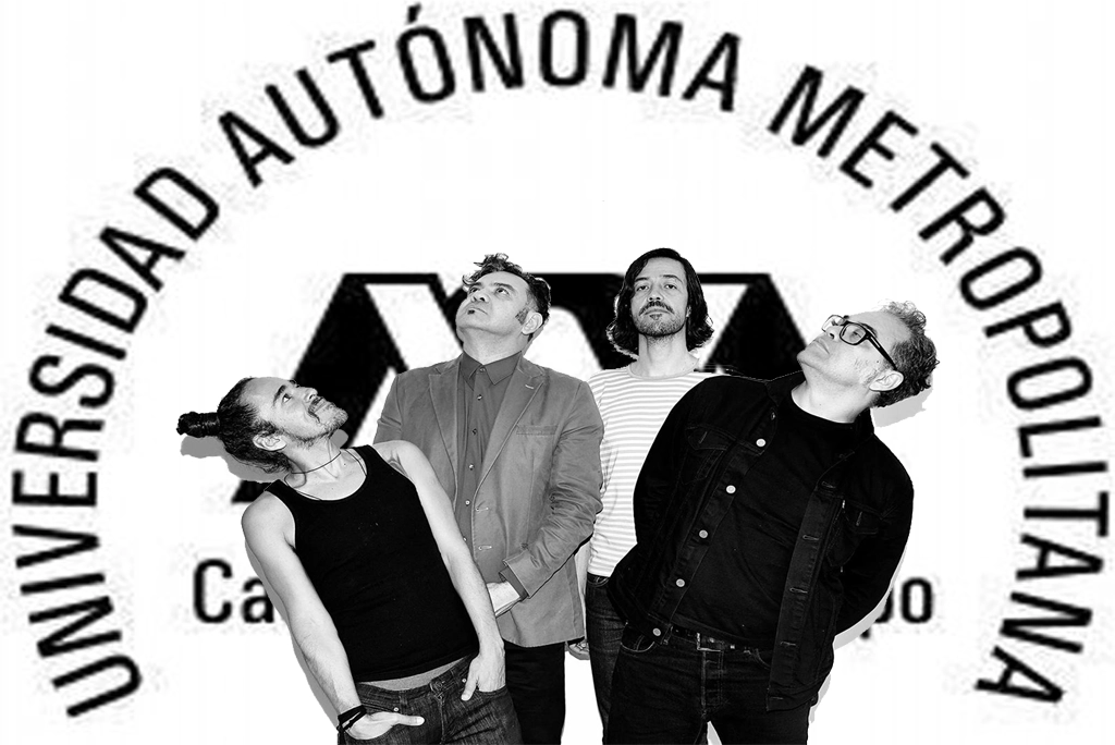Integrantes de la banda icónica de México de Café Tacvba con el logo de la UAM Azcapotzalco de fondo.