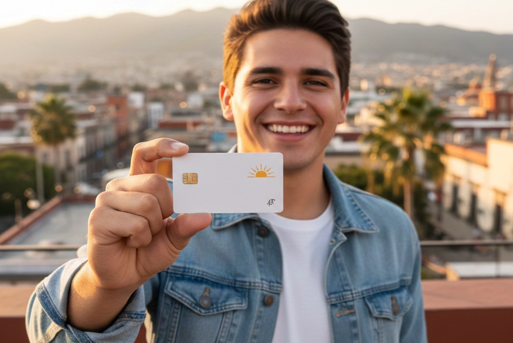 Joven sonriente en México sosteniendo con confianza su primera tarjeta de crédito sin historial, simbolizando el inicio de su independencia financiera.