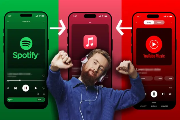 Joven utilizando un iPhone para transferir playlist a Apple Music desde otras aplicaciones de streaming de forma fácil y rápida.