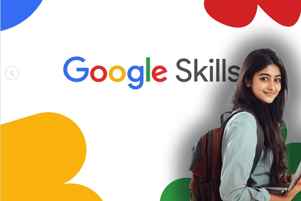 Joven utilizando la plataforma Google Skills en su portátil para aprender inteligencia artificial, mostrando la interfaz de cómo aprender con Google Skills y de fondo el logo de Google Skills