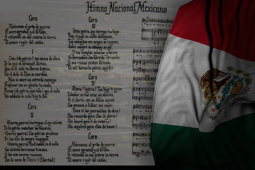 Himno Nacional Mexicano con la bandera de México ondeando a su lado, representando su significado