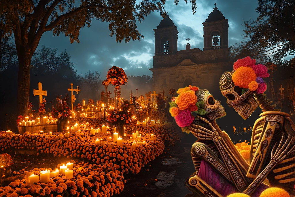 Celebración del Día de Muertos en un panteón iluminado con velas y flores de cempasúchil, acompañada de figuras de esqueletos que representan la leyenda de la flor de cempasuchil