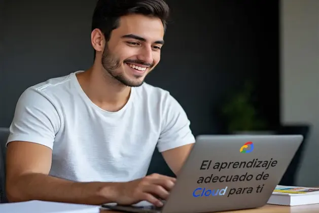 Estudiante joven aprendiendo con los cursos de inteligencia artificial de Google en su computadora, certificación incluida
