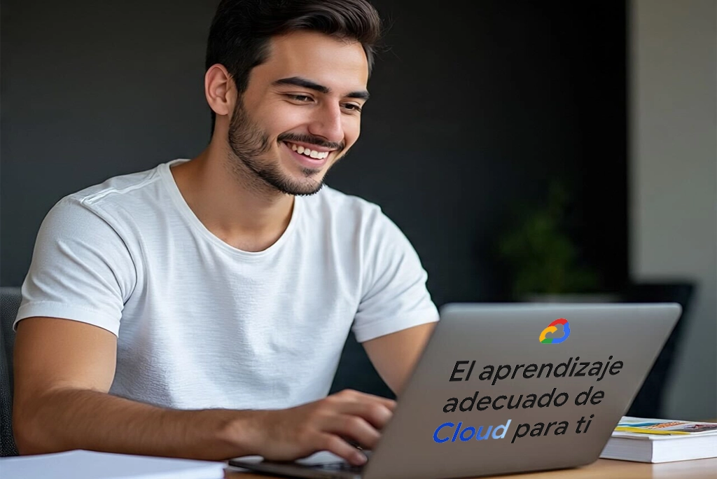 Estudiante joven aprendiendo con los cursos de inteligencia artificial de Google en su computadora, certificación incluida
