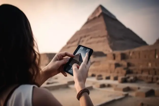 Egipto en recorrido virtual: Pantalla mostrando una tumba faraónica explorable en 360 grados, con jeroglíficos y sarcófagos iluminados