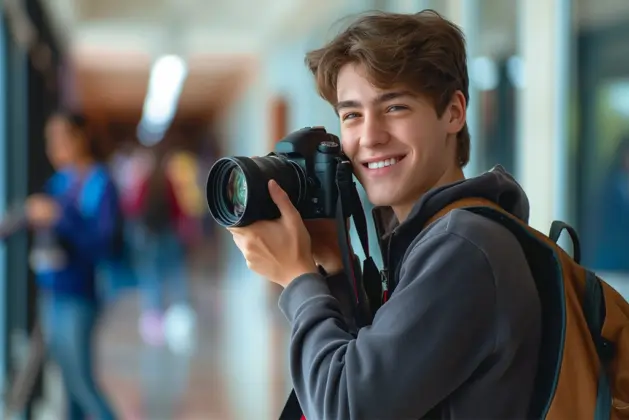 joven feliz con una cámara en mano realizando uno de sus pasatiempos favoritos y representando sus ventajas