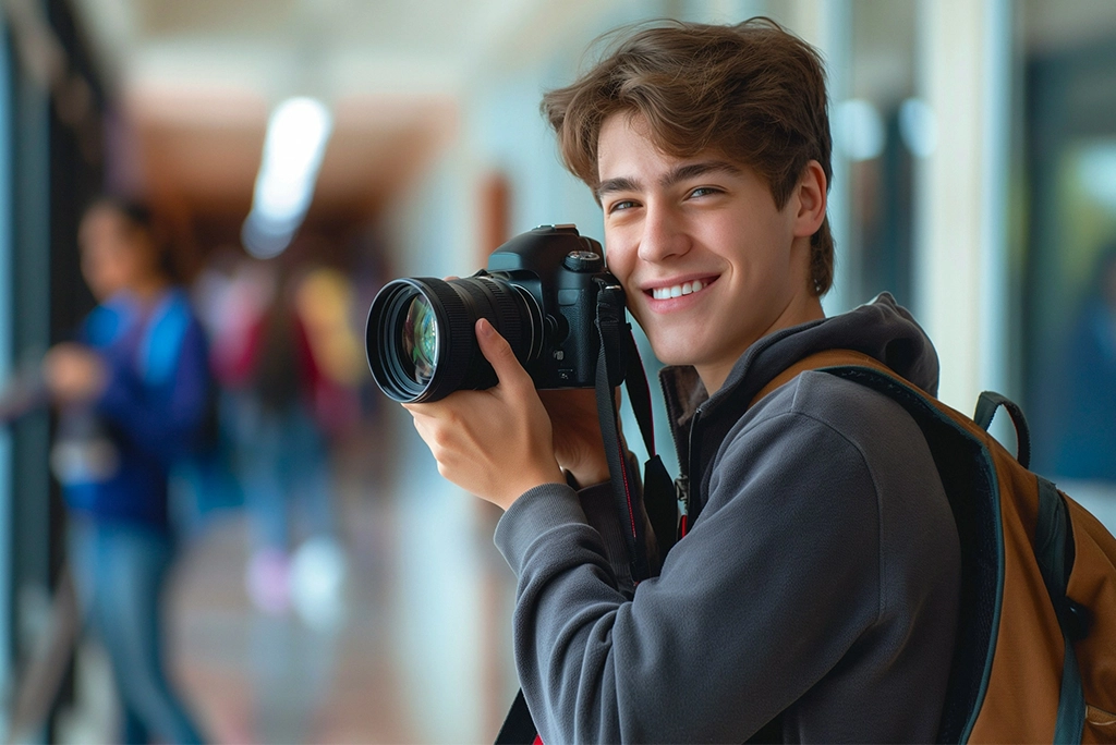 joven feliz con una cámara en mano realizando uno de sus pasatiempos favoritos y representando sus ventajas