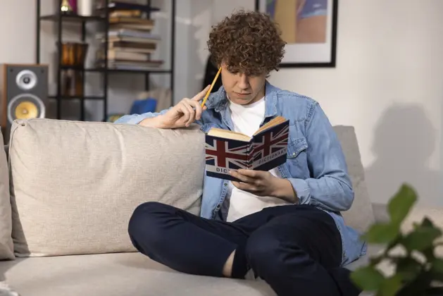 Joven mexicano estudiando inglés con un libro en su sala. México enfrenta desafíos para mejorar sus habilidades en inglés