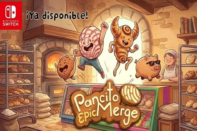 Personajes de videojuego inspirados en pan dulce mexicano, incluyendo una concha y un cuernito, saltando en una colorida panadería de barrio. Representación del primer videojuego de pan dulce mexicano en consola.