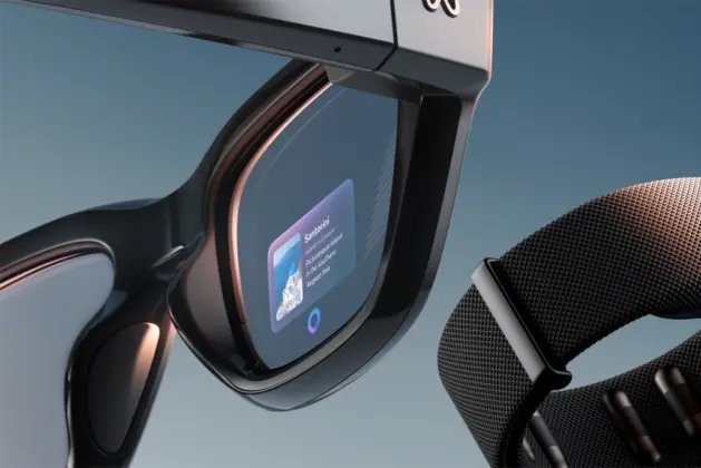 modernos lentes meta y Ray-Ban Display, pantalla en las micas mostrando la interfaz de realidad aumentada con traducción en tiempo real en la lente.