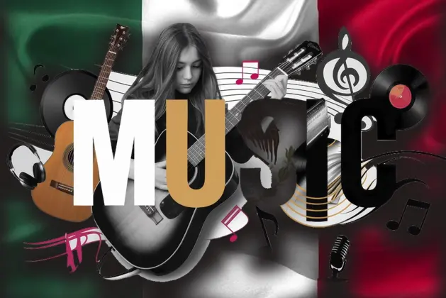 Imagen de una joven tocando guitarra con elementos musicales sobre una bandera de México aludiendo a los géneros musicales originarios del país.