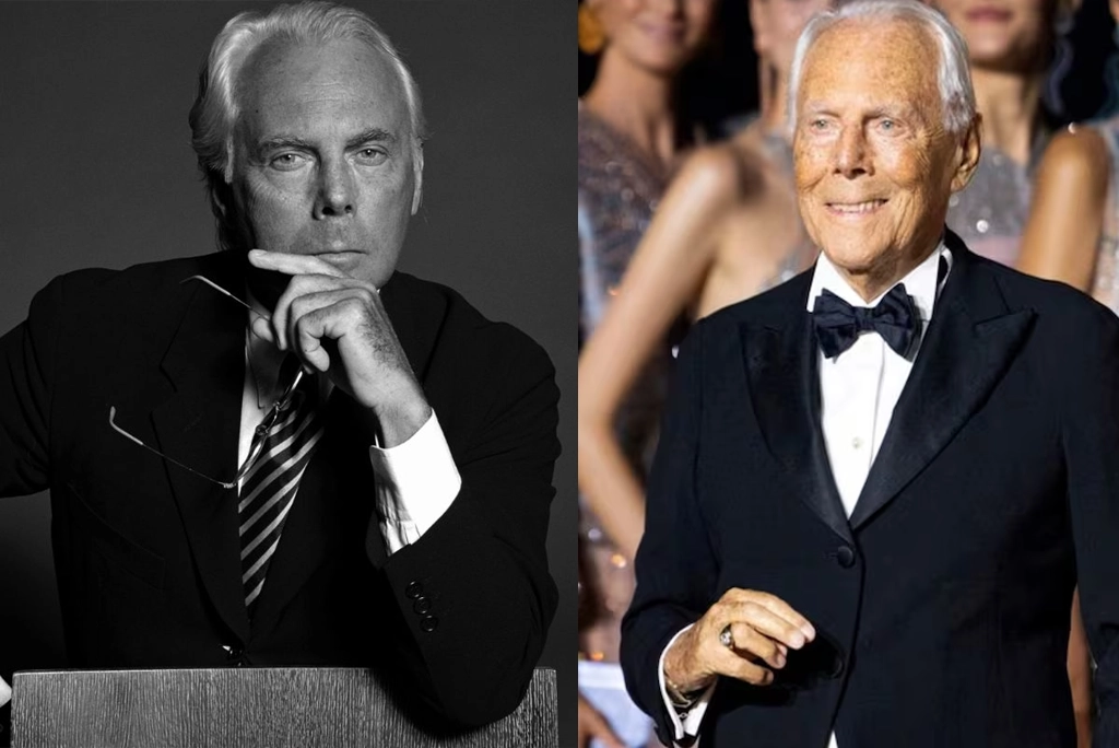Giorgio Armani, leyenda de la moda, sonriendo con un fondo de sus icónicos diseños en tonos greige que definieron la elegancia moderna.