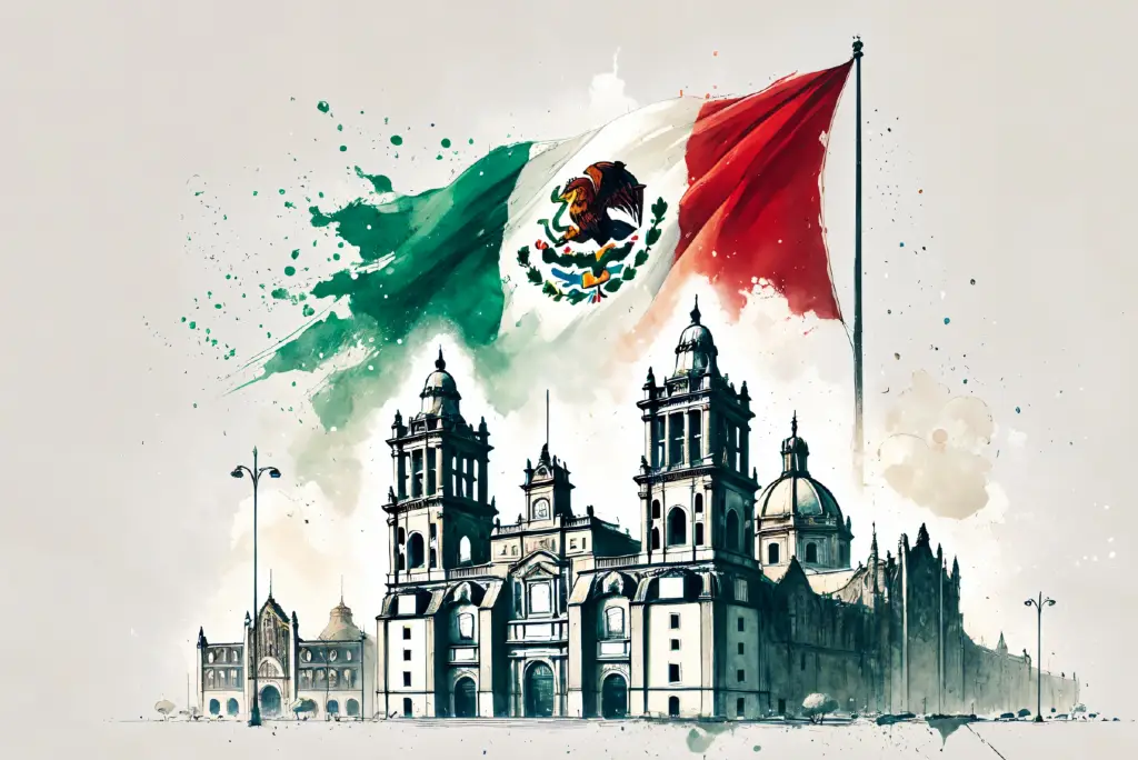 Ilustración de la bandera de México y la catedral Metropolitana
