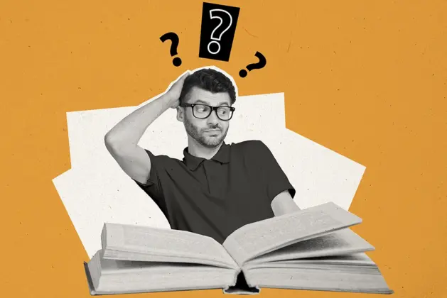 Persona confundida mirando un libro abierto con signos de interrogación alrededor, representando la dificultad de elegir entre los distintos géneros literarios.