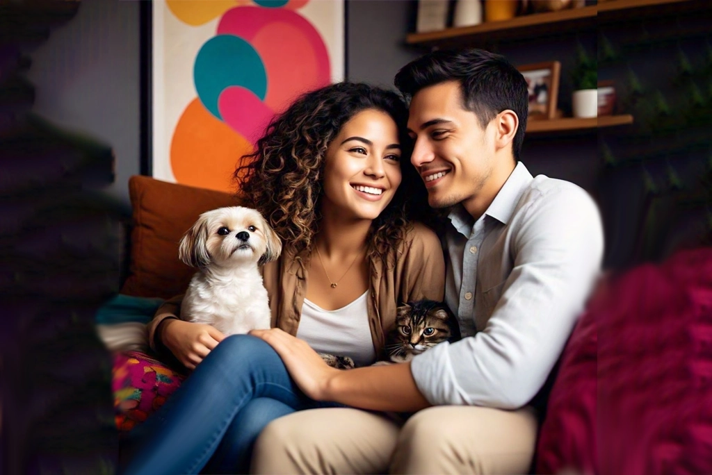 Imagen de una pareja de jóvenes que parece decidir estar sin hijos, optando por mascotas.