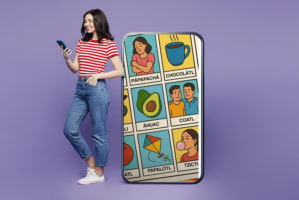 Joven usando la app Kachi para aprender náhuatl en su celular, con ilustraciones de símbolos de la lotería en lengua náhuatl de fondo