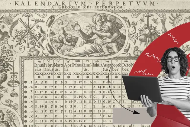 Ilustración que explica el origen del nombre del mes de septiembre, mostrando el antiguo calendario romano y su evolución al calendario moderno.