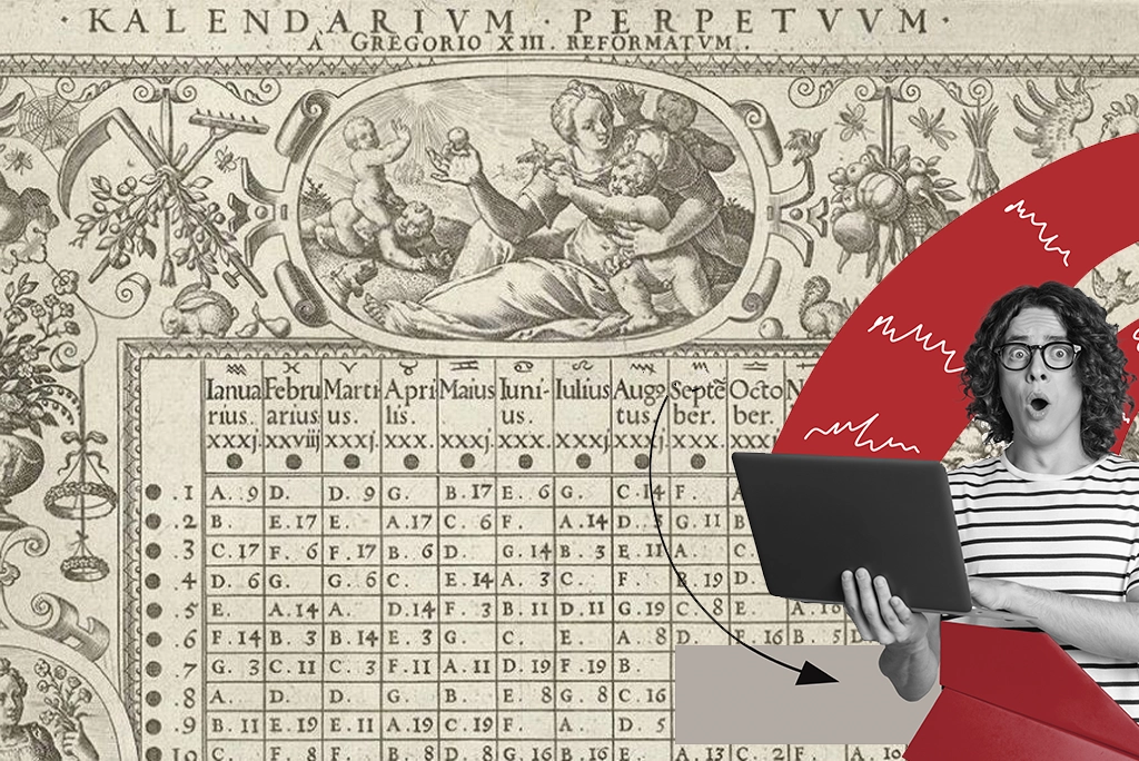 Ilustración que explica el origen del nombre del mes de septiembre, mostrando el antiguo calendario romano y su evolución al calendario moderno.