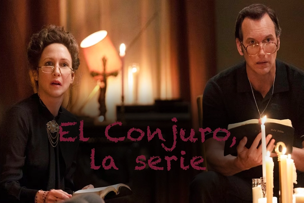 Personajes de Ed y Lorraine Warren observando un arte conceptual de la nueva serie de El Conjuro por HBO Max con un fondo tenebroso.