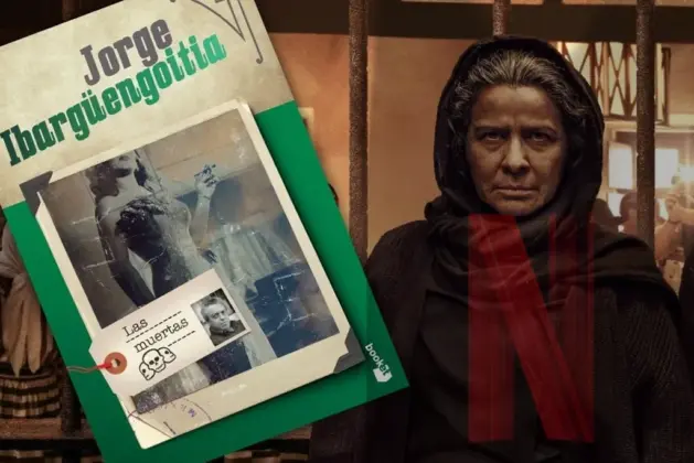 Comparativa visual entre la portada del libro Las Muertas de Jorge Ibargüengoitia y el póster de la serie de Netflix, resaltando las diferencias entre la serie y libro Las Muertas.